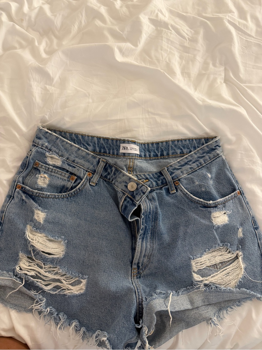 Zara Light Blue Distressed Denim Shorts